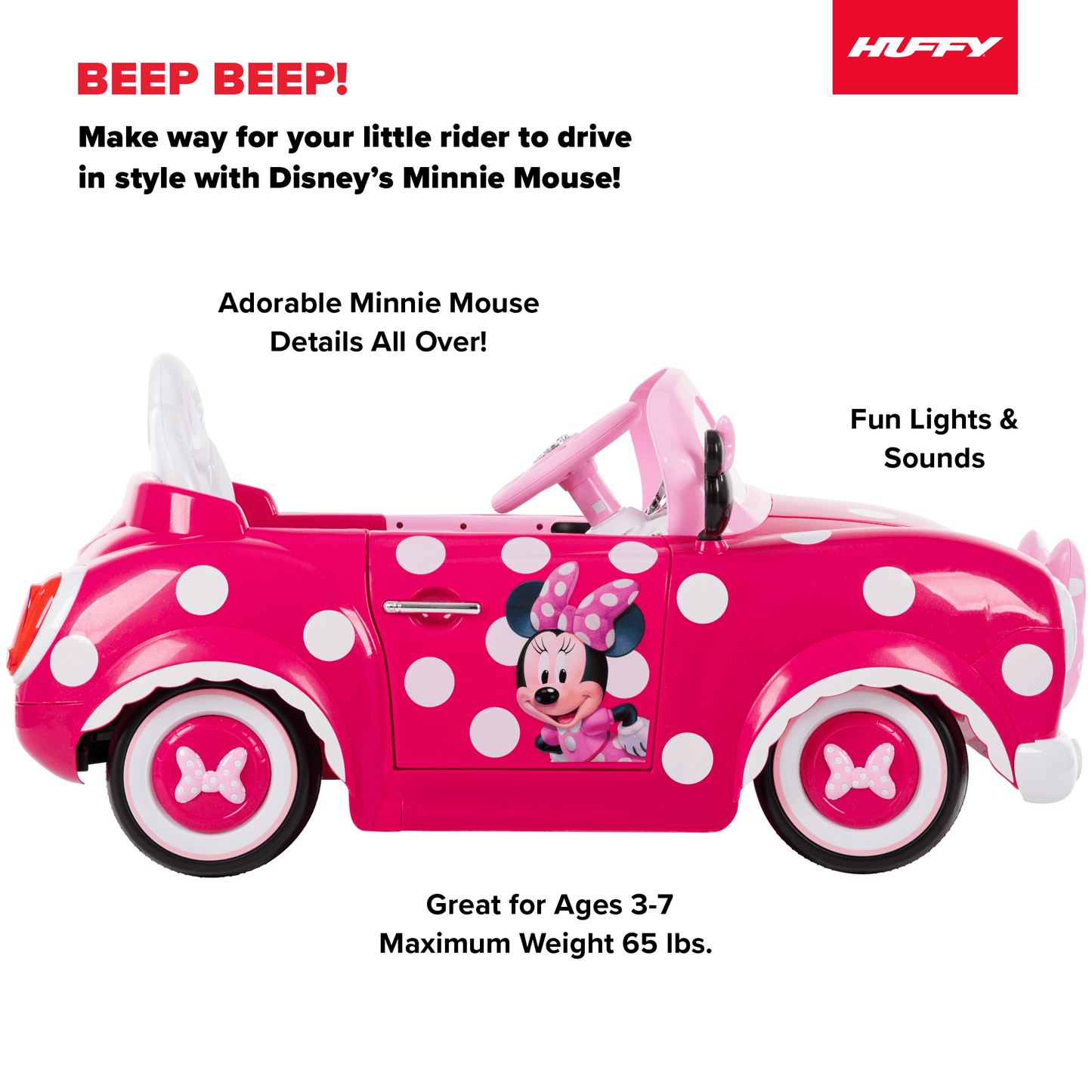 6V  Disney Minnie Mouse Battery-Powered Ride-On Car, Kids Ages 3+ - Pink, One Unit