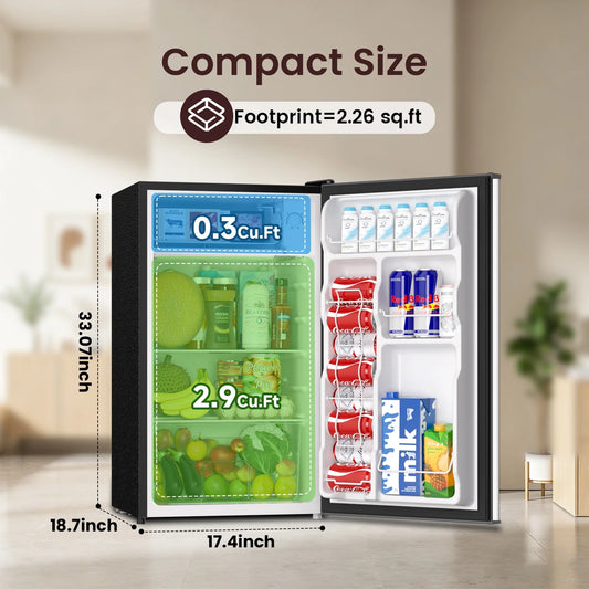 3.2 Cu.Ft. Mini Fridge, Compact Refrigerator with Reversible Door, Silver