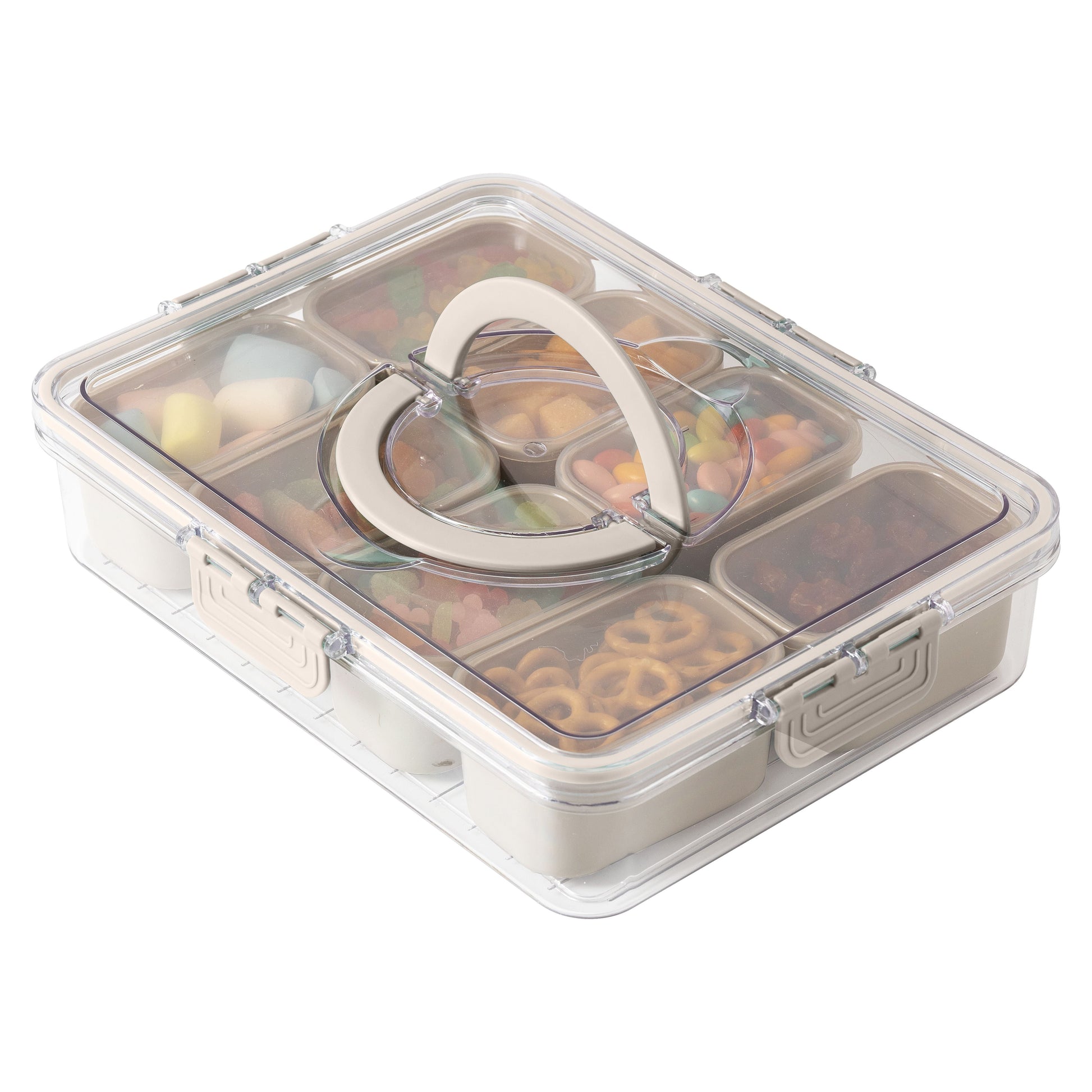 Taupe 8 Compartment Snackle Box, Charcuterie Container, Divided Serving Tray with Lid and Handle.