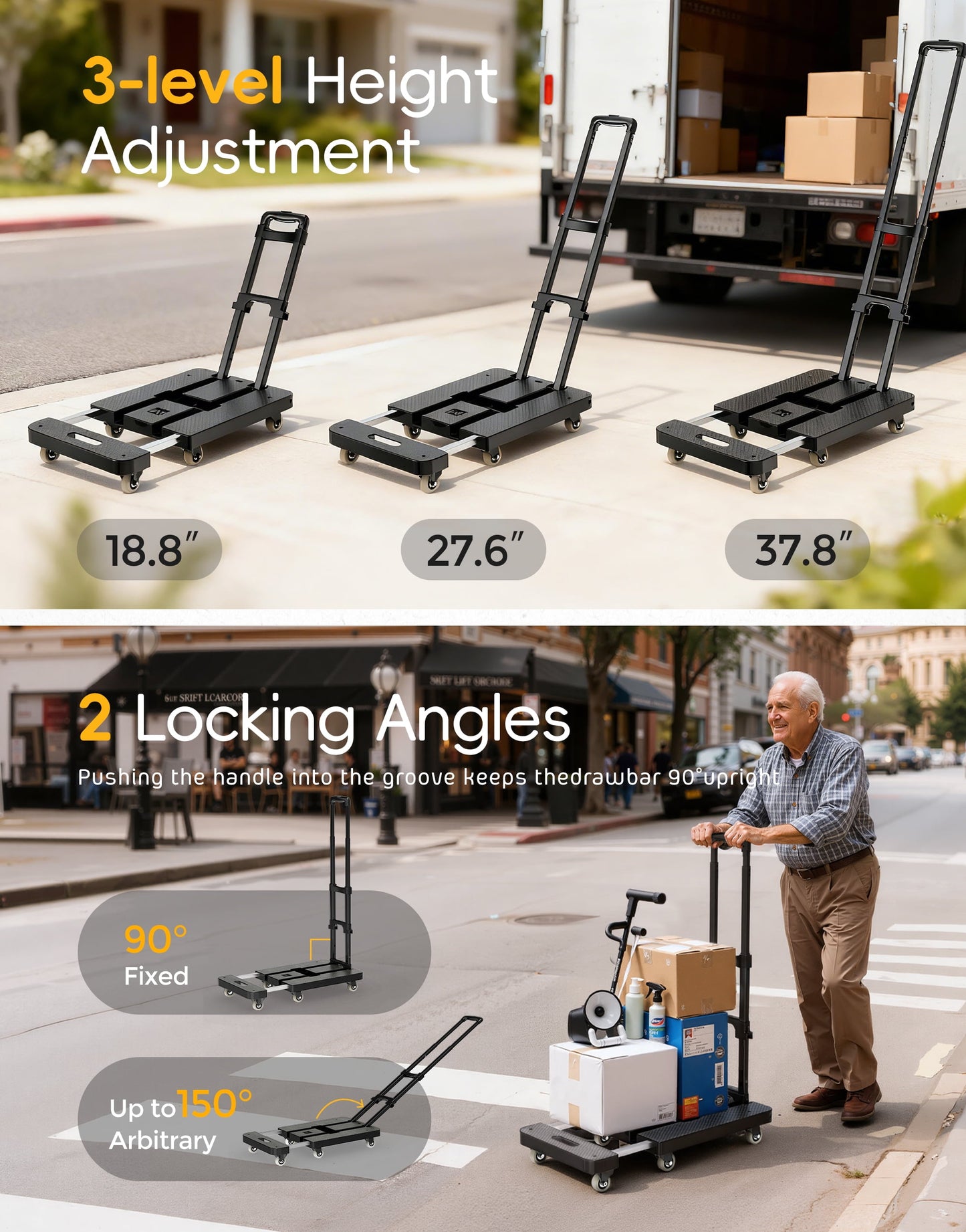 Folding Hand Truck, 500 LBS Heavy Duty Dolly Cart, Utility Platform Cart with 6 Wheels for Travel, House, Office, Shopping, Moving Use - Black Folded Size Is 11.8 X 17.7”
