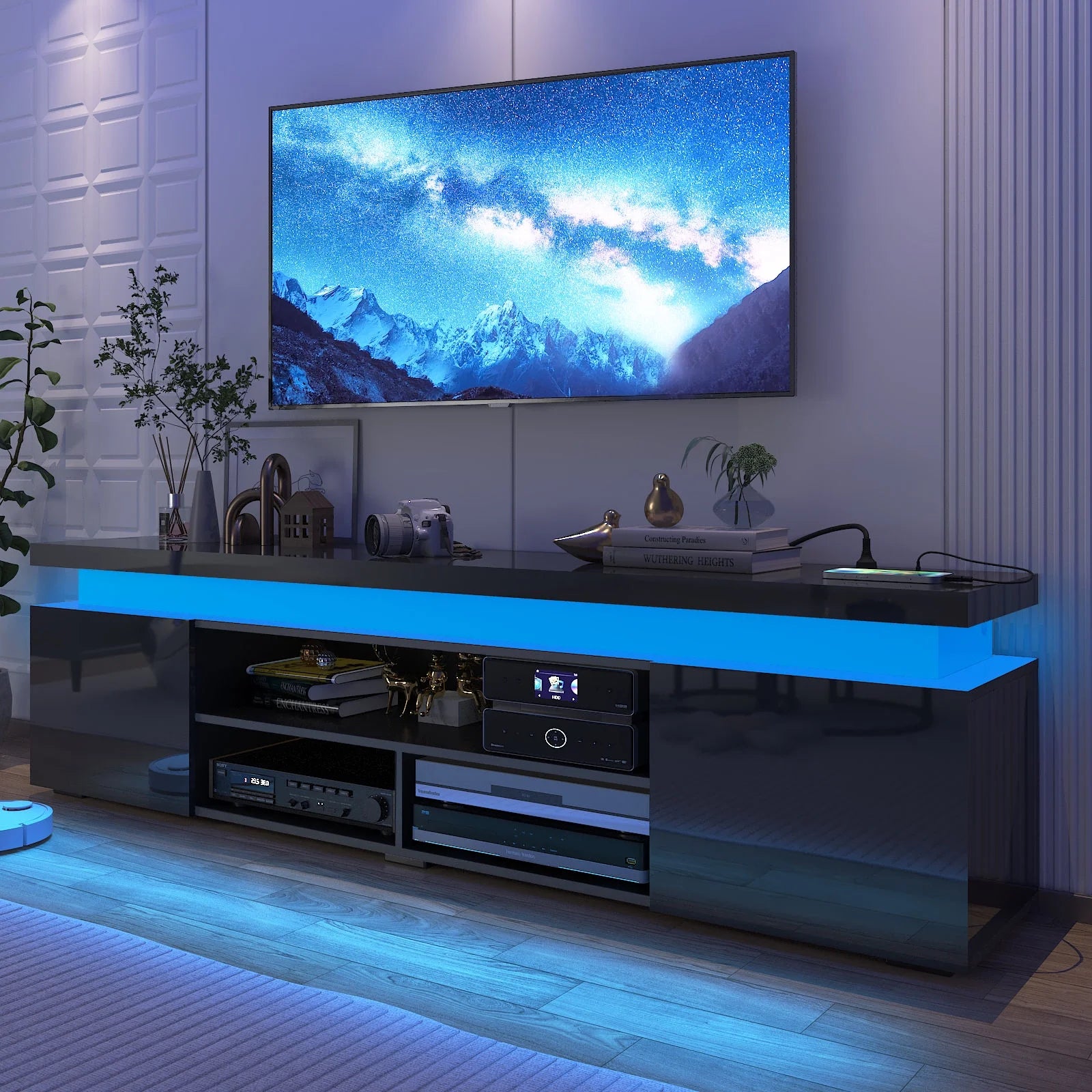 LED TV Stand for up to 85" Tvs with Power Outlet, 75" Large Entertainment Center Console Table Gaming Soundbar Shelf with 2 Storage Cabinets