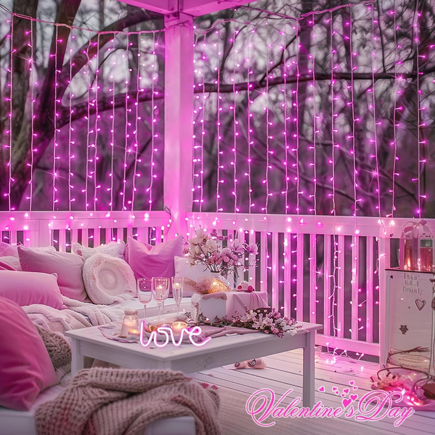 300 LED Curtain Lights Plug in with Remote, 9.8X9.8Ft Pink Valentine Lights Lights Indoor, 8 Modes Pink Christmas String Lights for Bedroom Window Wall Party Proposal Valentine'S Day Decor