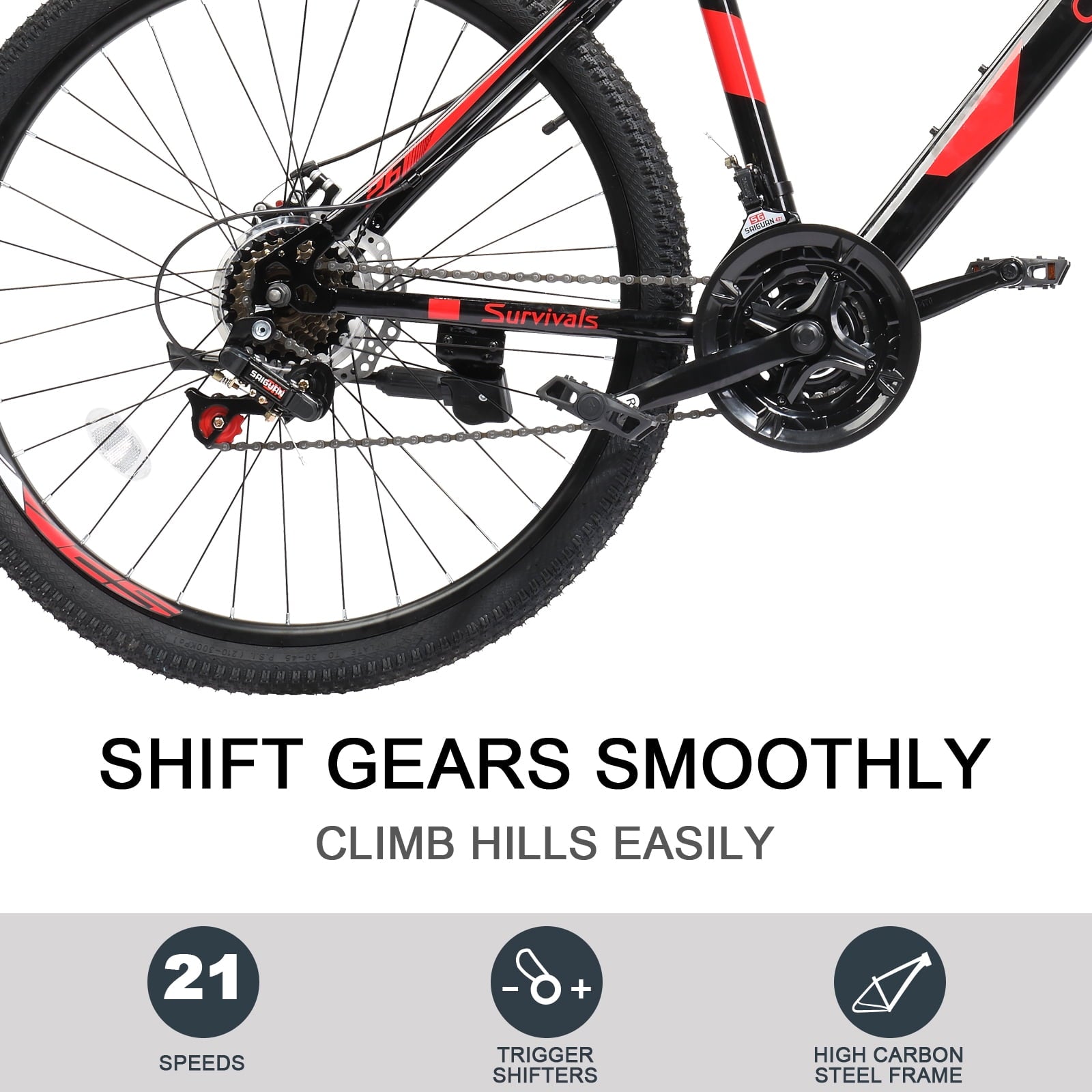 26" Lightweight Explorer Mountain Bike, 21-Speed for Men and Women Disc Brakes & Suspension, Red/Black