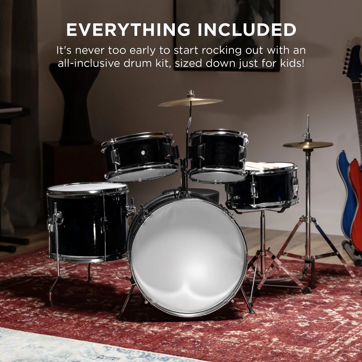 5-Piece Kids Beginner Junior Drum Set, Percussion Instrument Starter Kit W/ Stool - Black