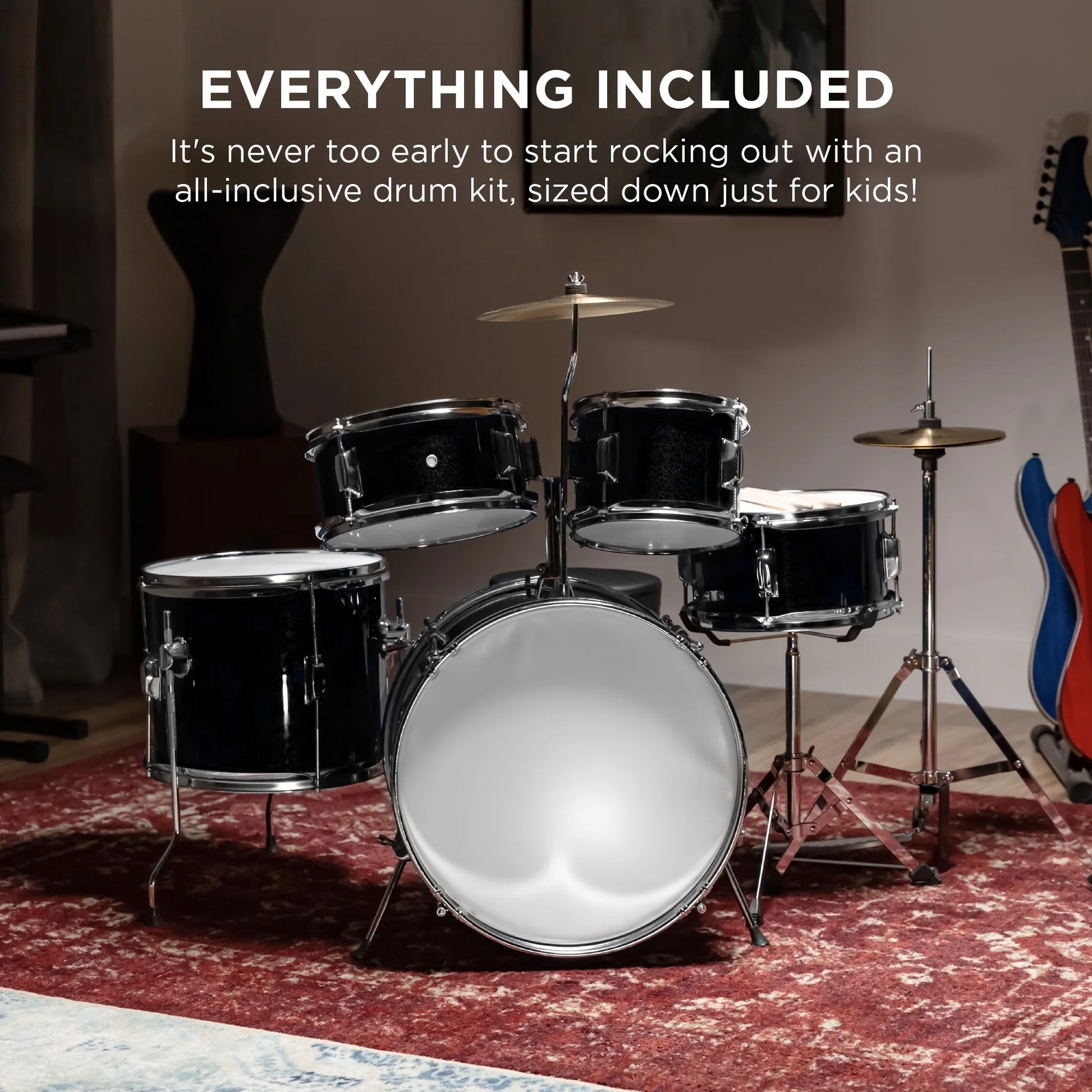 5-Piece Kids Beginner Junior Drum Set, Percussion Instrument Starter Kit W/ Stool - Black