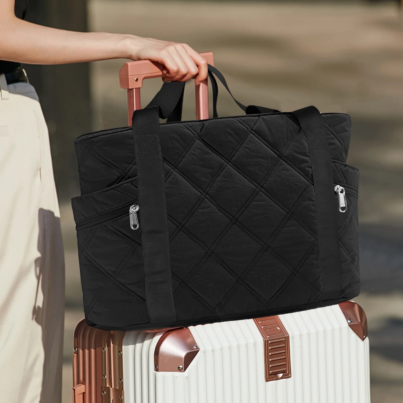 Tote Bag for Women Travel Bags Quilted Carry on Shoulder Bag for Travel Gym Weekend, Black