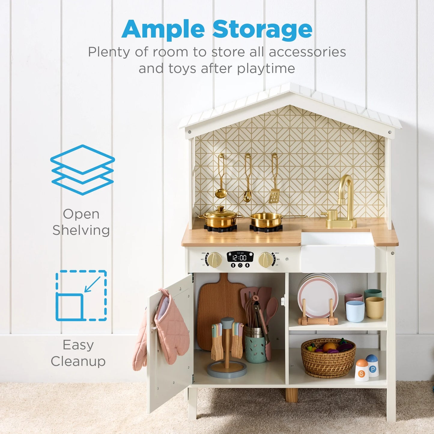 Pretend Play Wooden Farmhouse Kitchen Set W/ Storage, Clicking Knobs, 5 Accessories - Cream