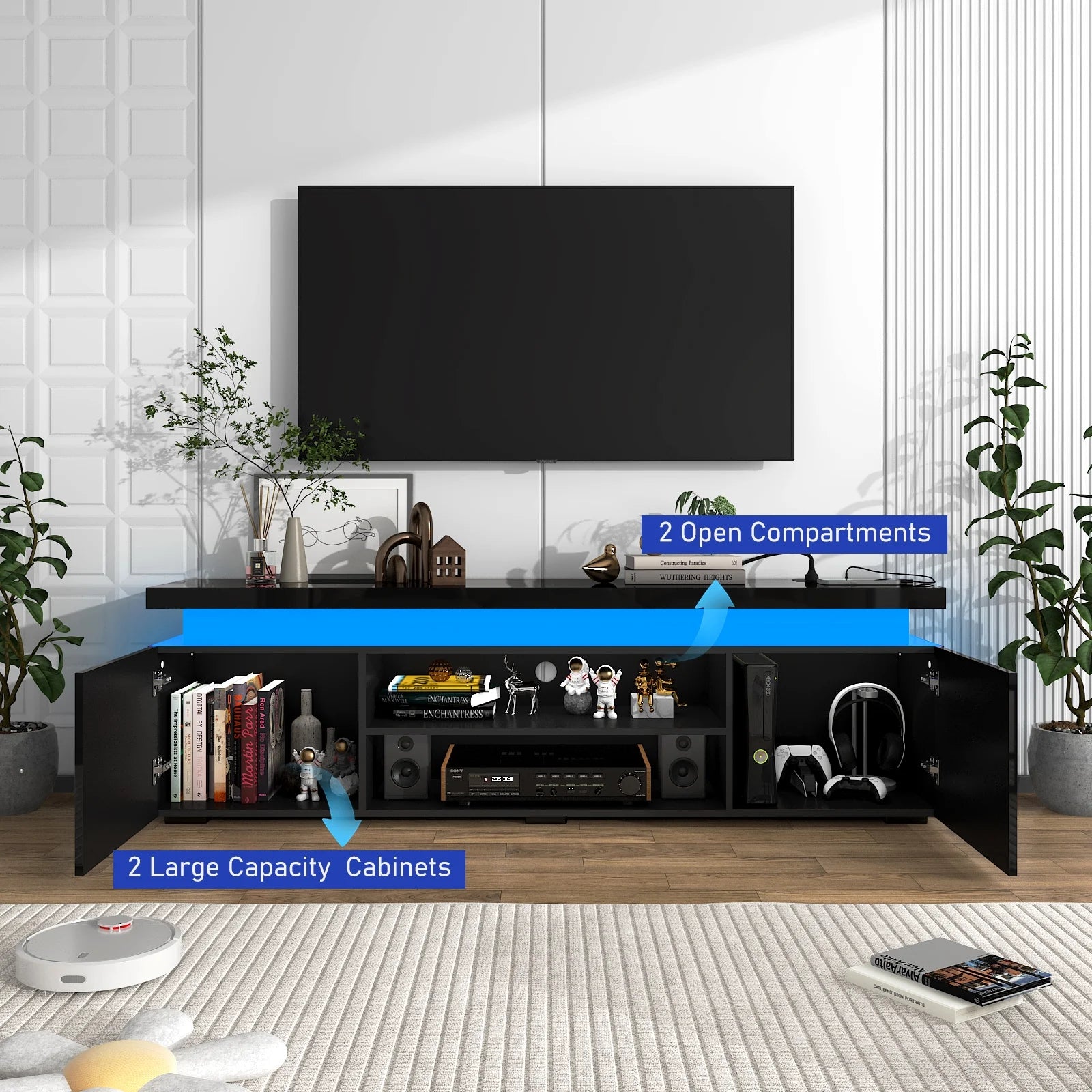 LED TV Stand for up to 85" Tvs with Power Outlet, 75" Large Entertainment Center Console Table Gaming Soundbar Shelf with 2 Storage Cabinets