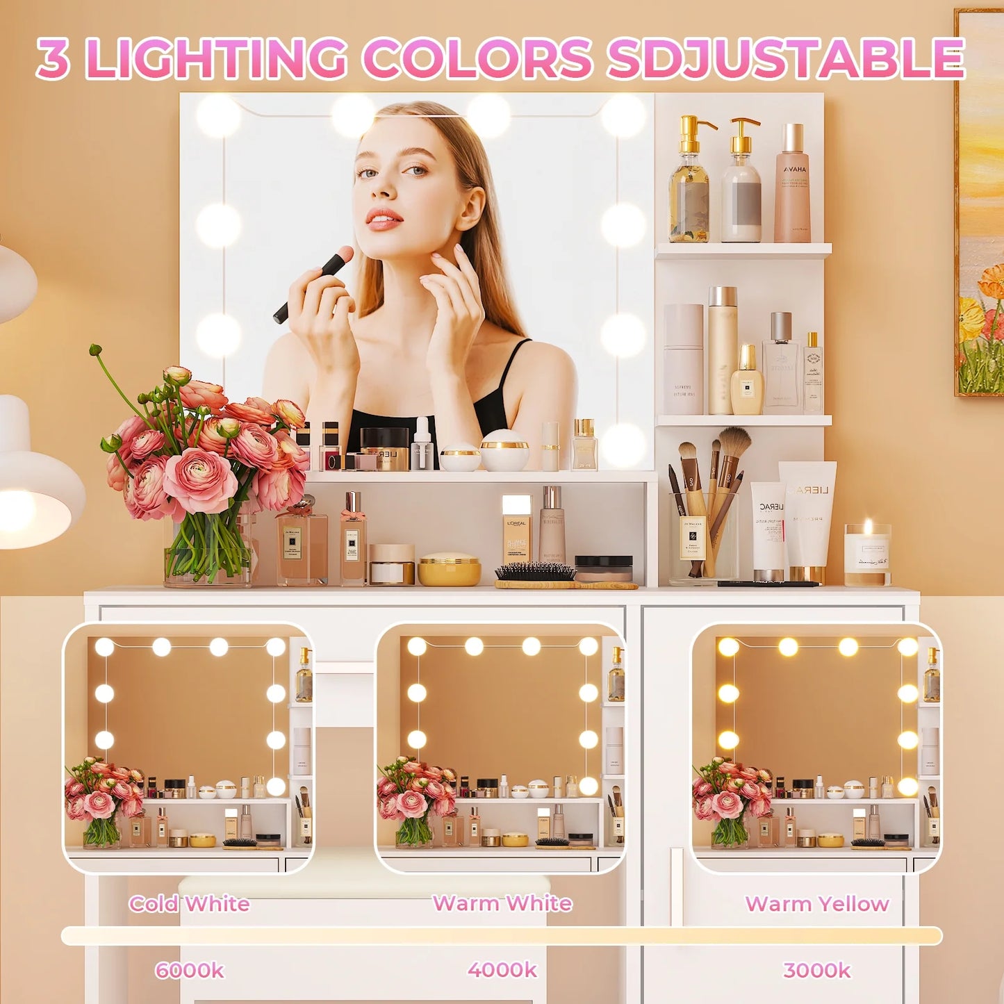 Vanity Set with 3 Color Lighted Mirror, Makeup Table with 3 Storage Shelves & Drawers, Dressing Table Makeup Desk with Stool,White