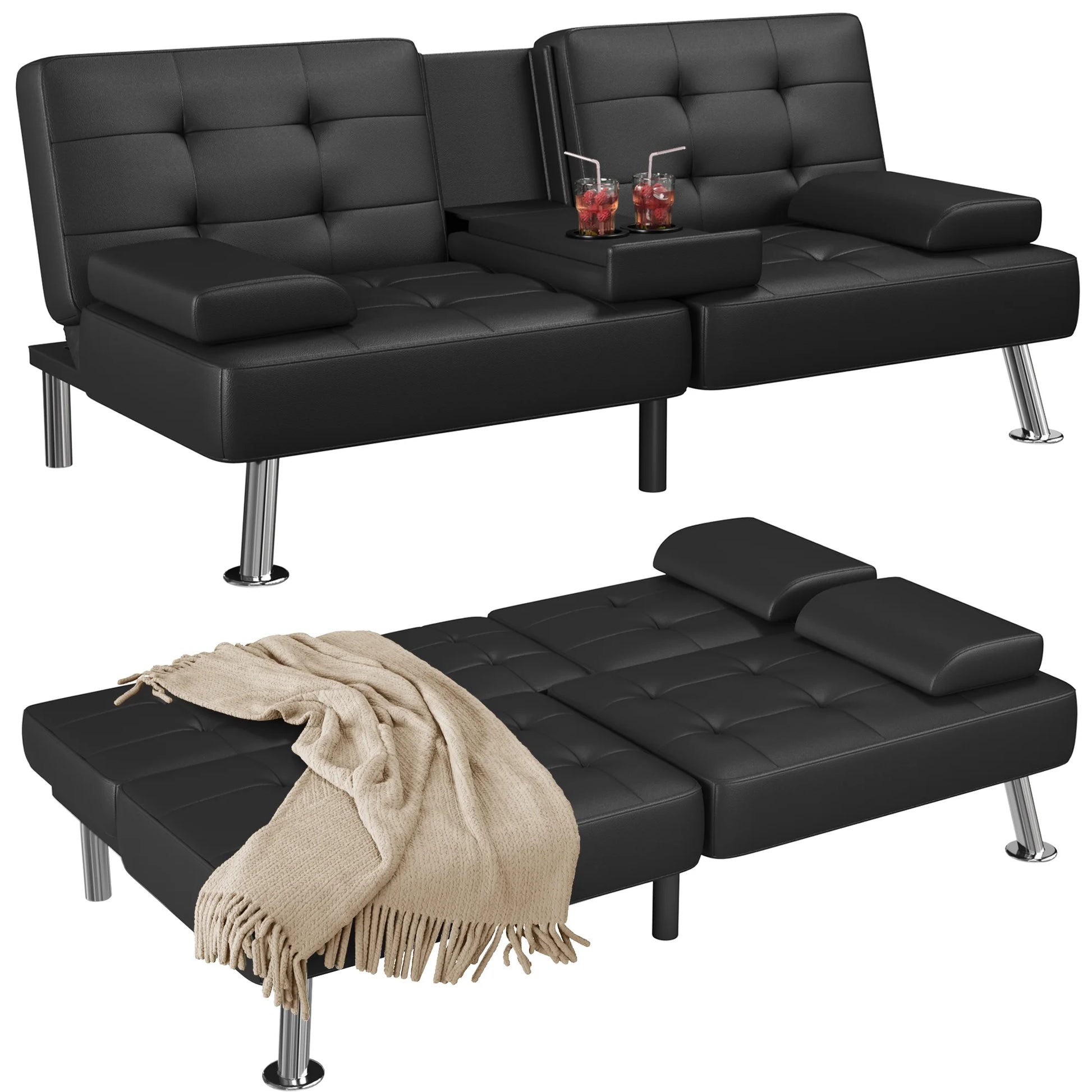 Futon Sofa Bed Faux Leather Couch Modern Convertible Folding Recliner with 2 Cup Holders