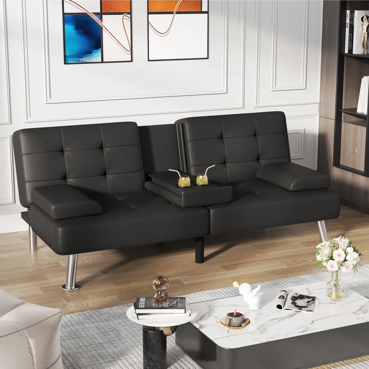 Futon Sofa Bed Faux Leather Couch Modern Convertible Folding Recliner with 2 Cup Holders