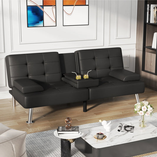 Futon Sofa Bed Faux Leather Couch Modern Convertible Folding Recliner with 2 Cup Holders