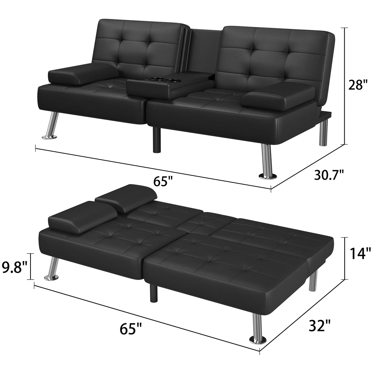 Futon Sofa Bed Faux Leather Couch Modern Convertible Folding Recliner with 2 Cup Holders