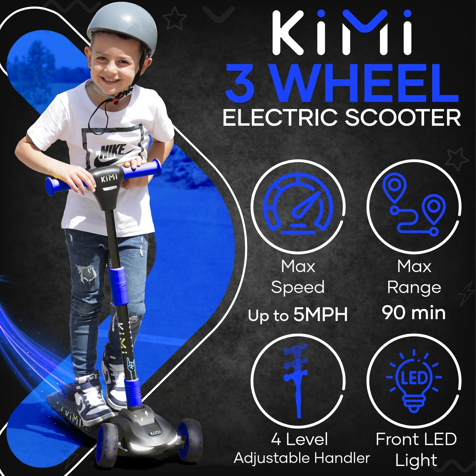 Foldable 3-Wheel Electric Scooter for Kids, Adjustable, Age 2-9, 5Mph, Lights, 10 Miles Range, Charger Included