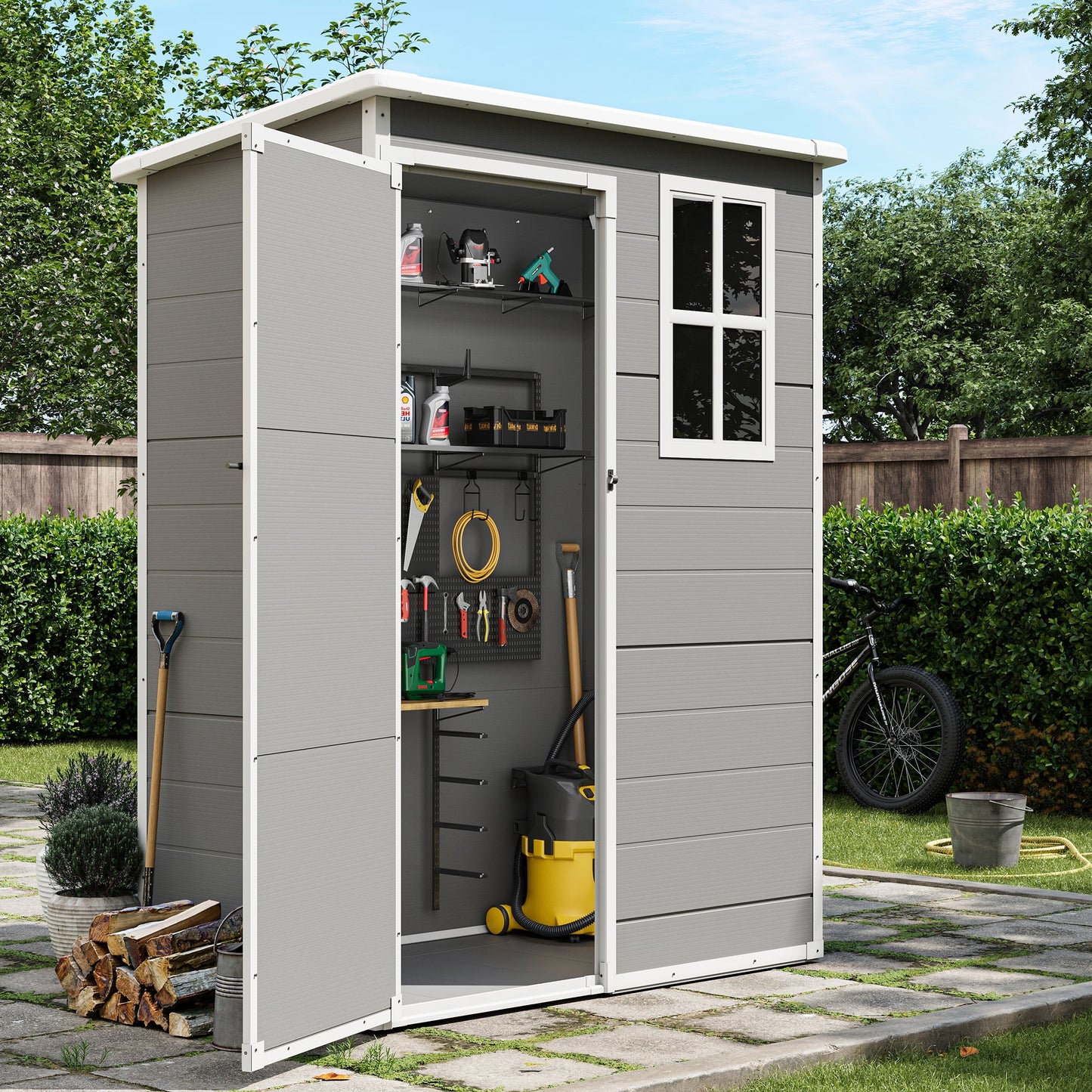 Outdoor Storage Shed 5X3 FT, Resin Garden Shed for Backyard, Patio, Lawn, Grey & White
