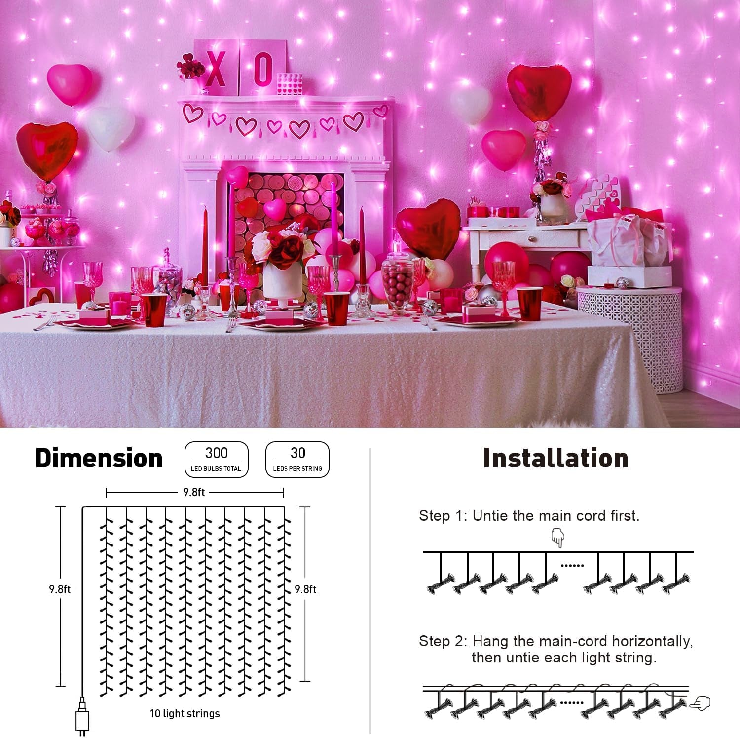300 LED Curtain Lights Plug in with Remote, 9.8X9.8Ft Pink Valentine Lights Lights Indoor, 8 Modes Pink Christmas String Lights for Bedroom Window Wall Party Proposal Valentine'S Day Decor