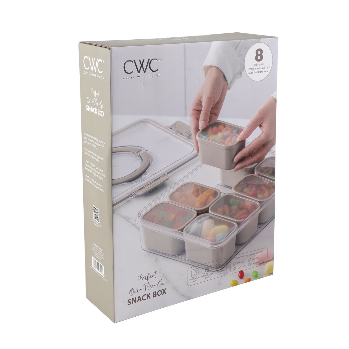 Taupe 8 Compartment Snackle Box, Charcuterie Container, Divided Serving Tray with Lid and Handle.