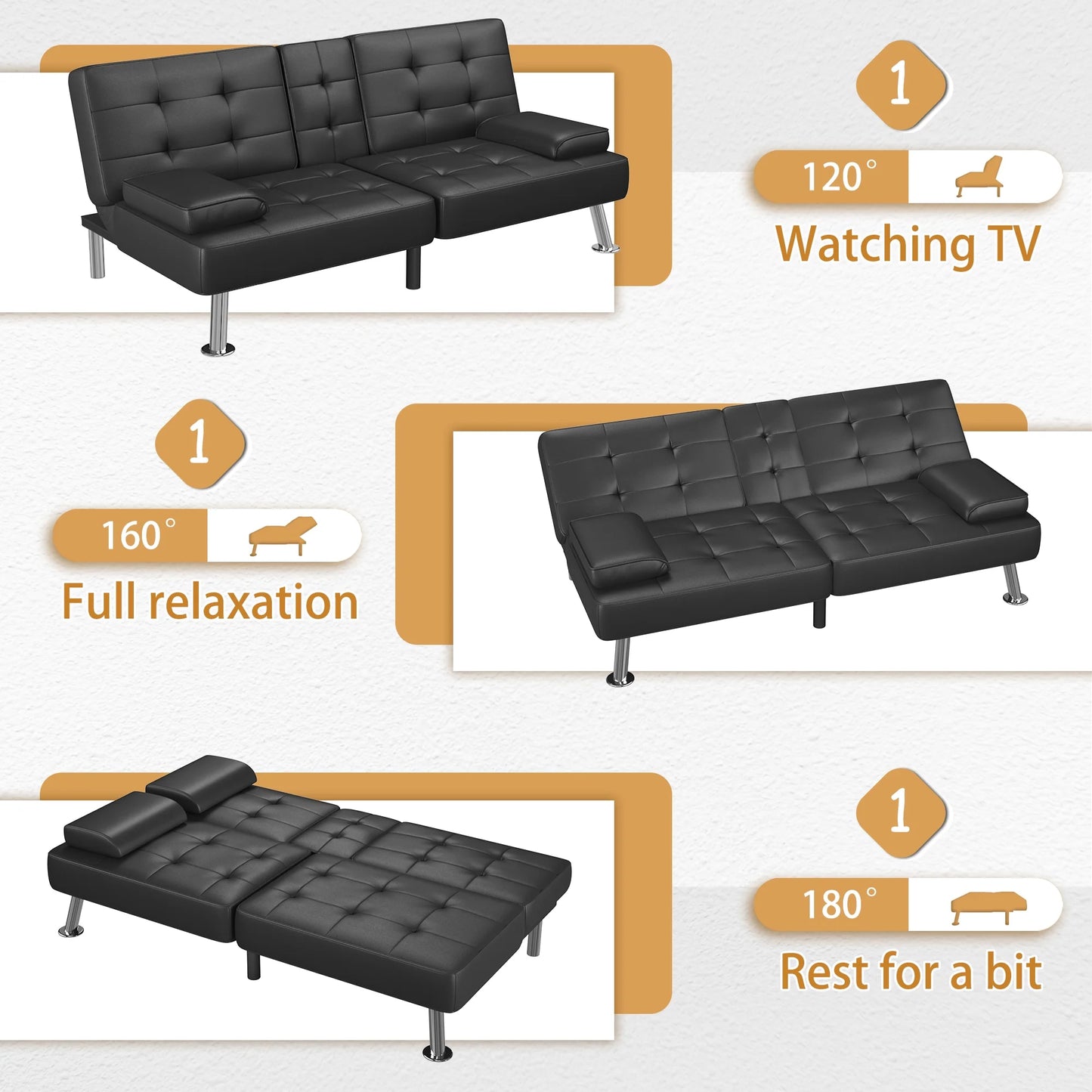 Futon Sofa Bed Faux Leather Couch Modern Convertible Folding Recliner with 2 Cup Holders
