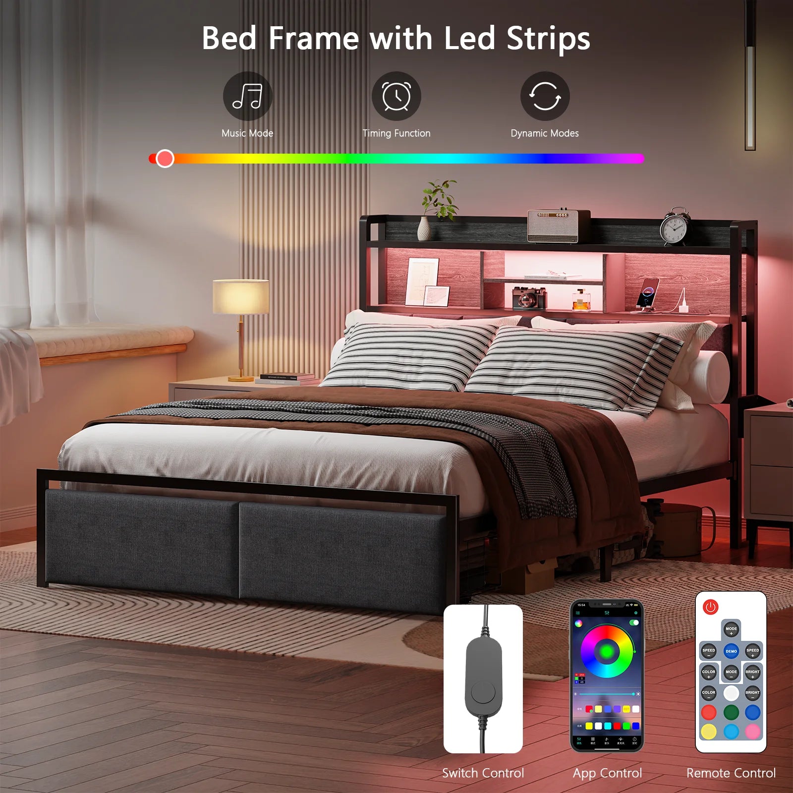Full Size Bed Frame with 49.2" High LED Storage Headboard Shelf, Bed Metal Platform, Black