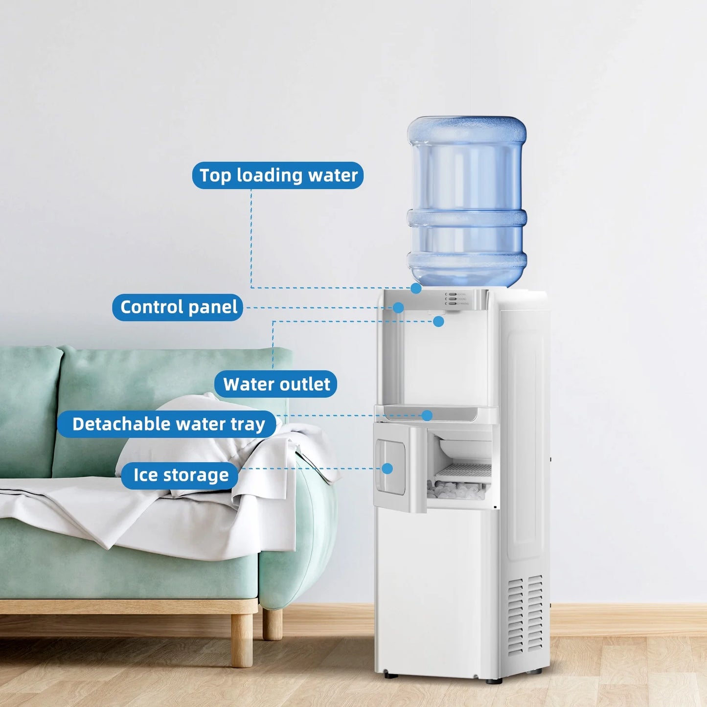 5 Gallon Water Dispenser with Ice Maker - 3-In-1 Hot/Cold Water Cooler, Touch Panel, Child Lock, Detachable Drip Tray, Compatible with 3 Gallon Jugs for Home & Office Use - White