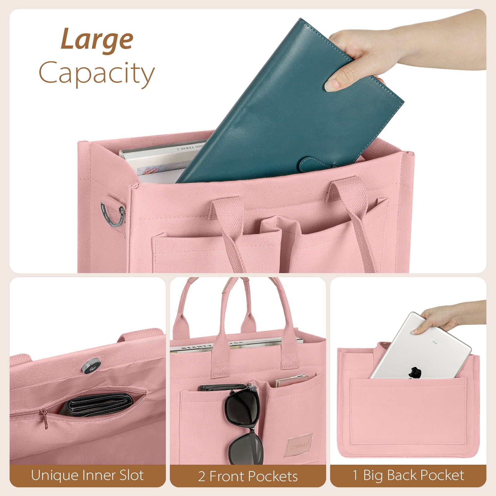 Canvas Tote Bag for Women with Pockets, Laptop Work Crossbody Everyday Satchel, Purses Everything Shoulder Tote Bag Everyday Satchel Handbags Messenger Gym Totes, Pink