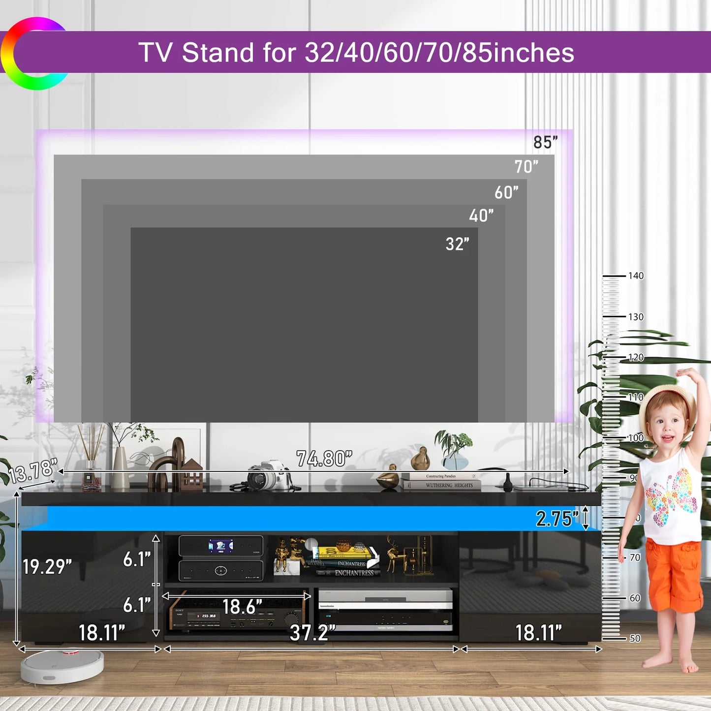 LED TV Stand for up to 85" Tvs with Power Outlet, 75" Large Entertainment Center Console Table Gaming Soundbar Shelf with 2 Storage Cabinets