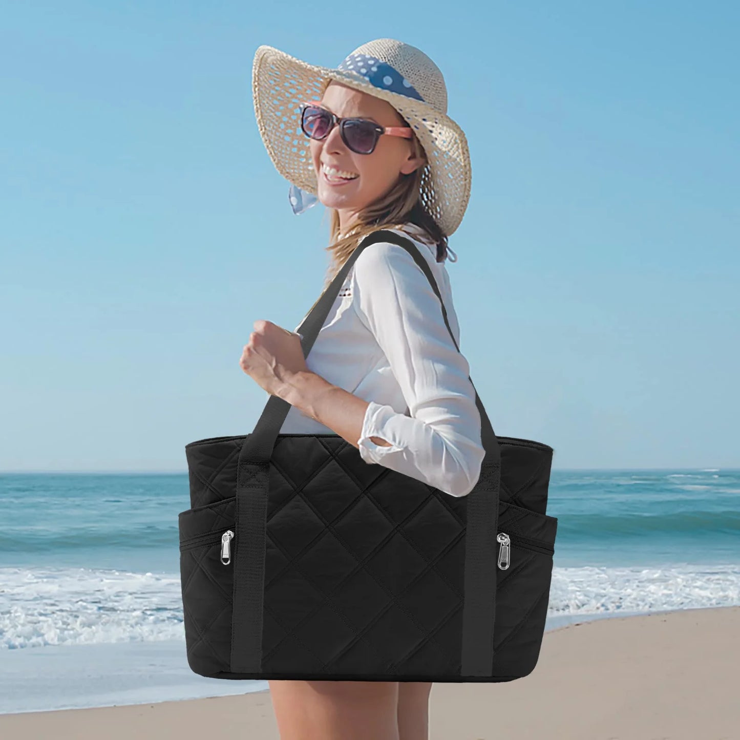 Tote Bag for Women Travel Bags Quilted Carry on Shoulder Bag for Travel Gym Weekend, Black