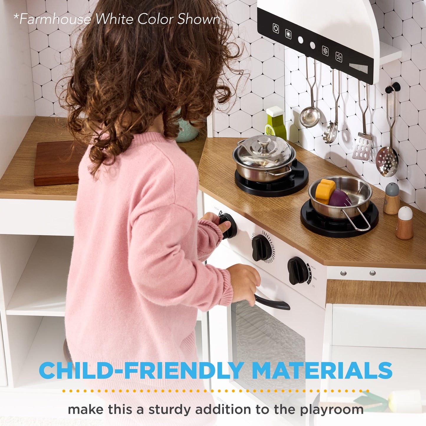 Pretend Play Corner Kitchen, Interactive Wooden Kids Set W/ Lights & Sounds - White