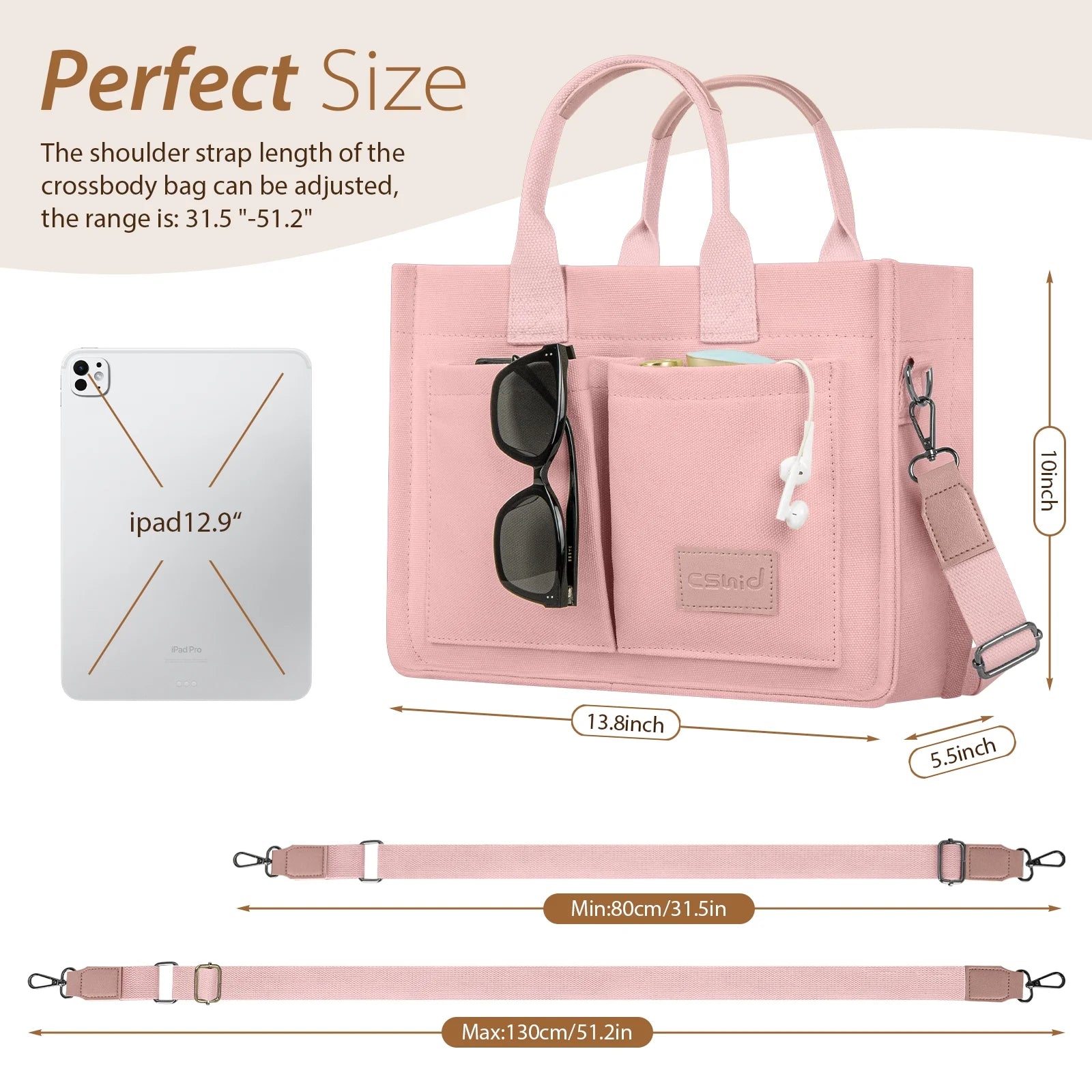 Canvas Tote Bag for Women with Pockets, Laptop Work Crossbody Everyday Satchel, Purses Everything Shoulder Tote Bag Everyday Satchel Handbags Messenger Gym Totes, Pink