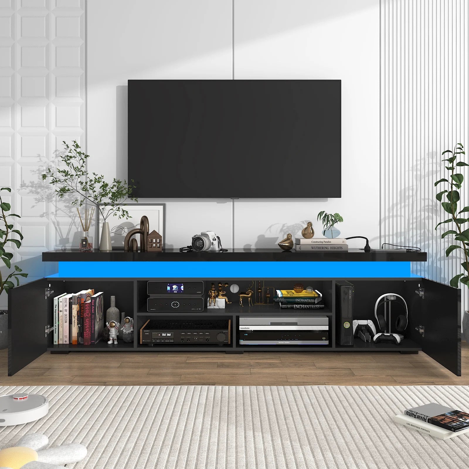 LED TV Stand for up to 85" Tvs with Power Outlet, 75" Large Entertainment Center Console Table Gaming Soundbar Shelf with 2 Storage Cabinets