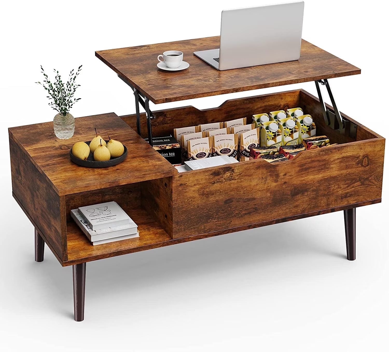 Adjustable Height Wooden Coffee Table with Hidden Compartments and Shelves - Perfect for Small Homes, Apartments, Reception Rooms, Rust Brown
