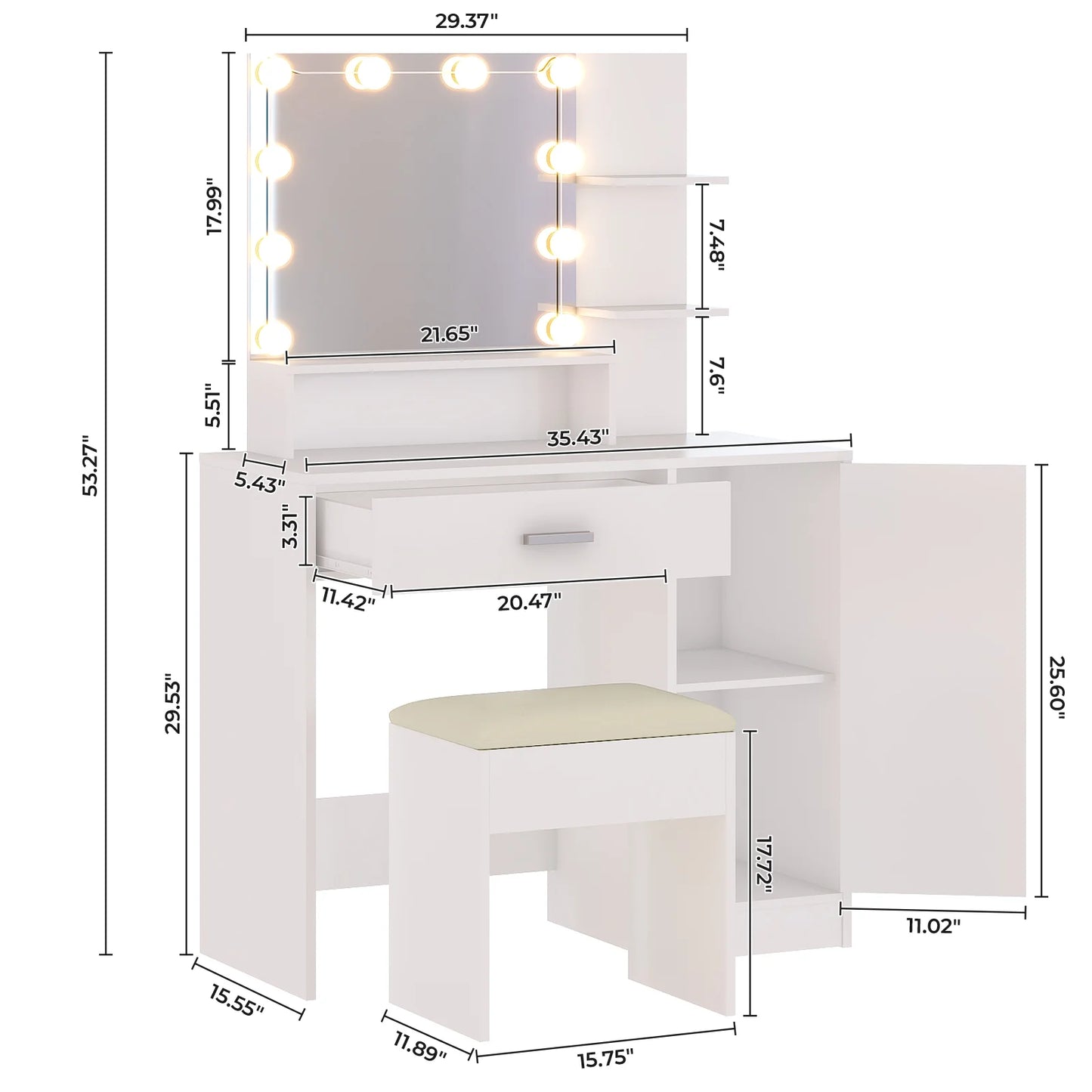 Vanity Set with 3 Color Lighted Mirror, Makeup Table with 3 Storage Shelves & Drawers, Dressing Table Makeup Desk with Stool,White