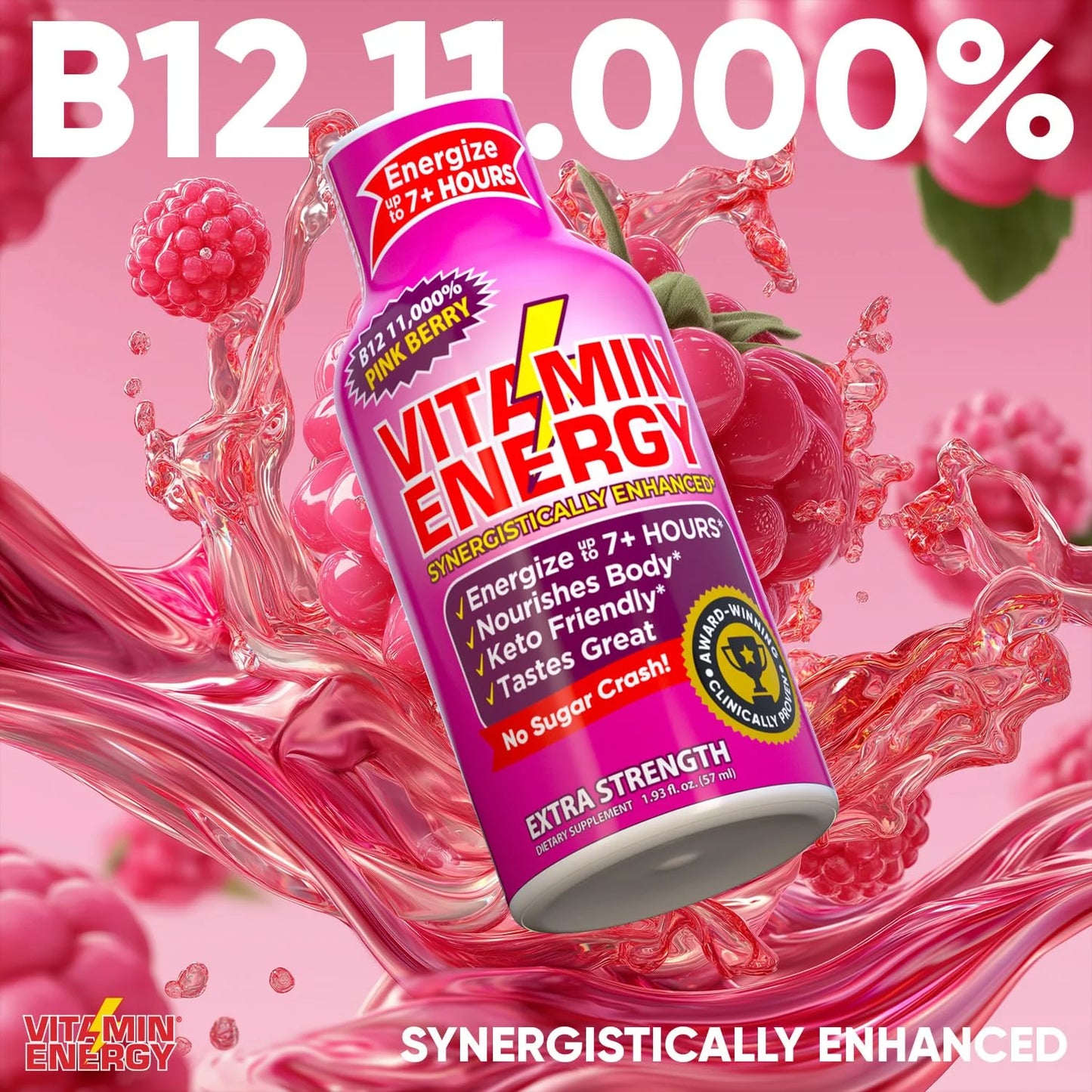 B12 Extra Strength Shot, Pink Berry, 12 Pack – 260Mg Natural Caffeine, 11,000% DV B12 & B6, Zero Sugar, 1.93 Fl Oz