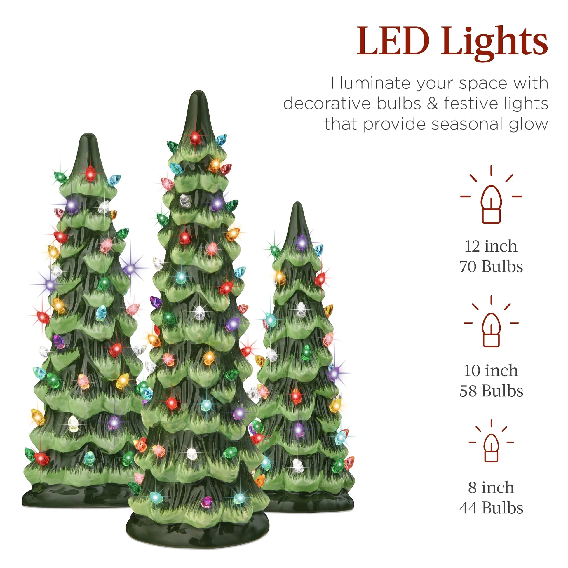 Set of 3 Pre-Lit Hand-Painted Ceramic Tabletop Christmas Trees W/ Multicolor Lights - Green