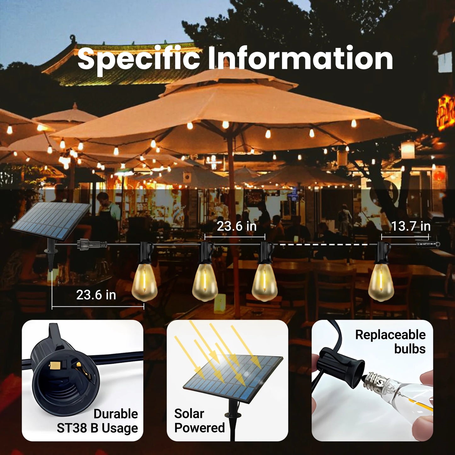 150FT Solar Outdoor String Lights, with 75 ST38 Shatterproof Bulbs,Solar Powered, Waterproof Hanging Lights for Patio Garden Decor
