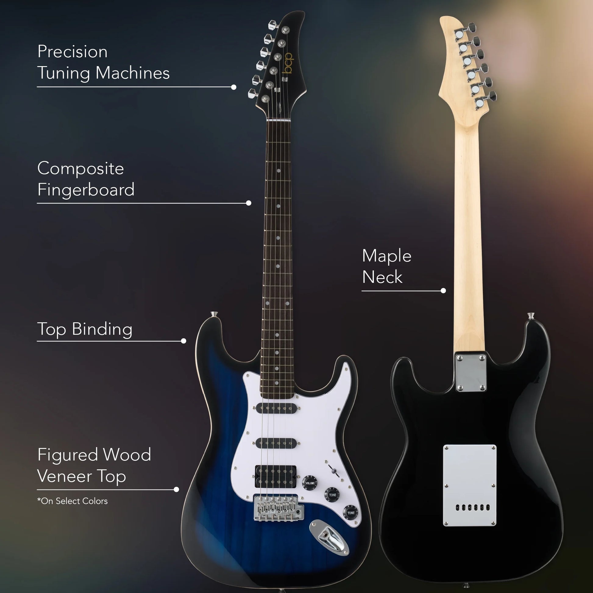 Beginner HSS Electric Guitar Kit W/ Headphone Amp, Gig-Bag, Headphones - Hollywood Blue/White