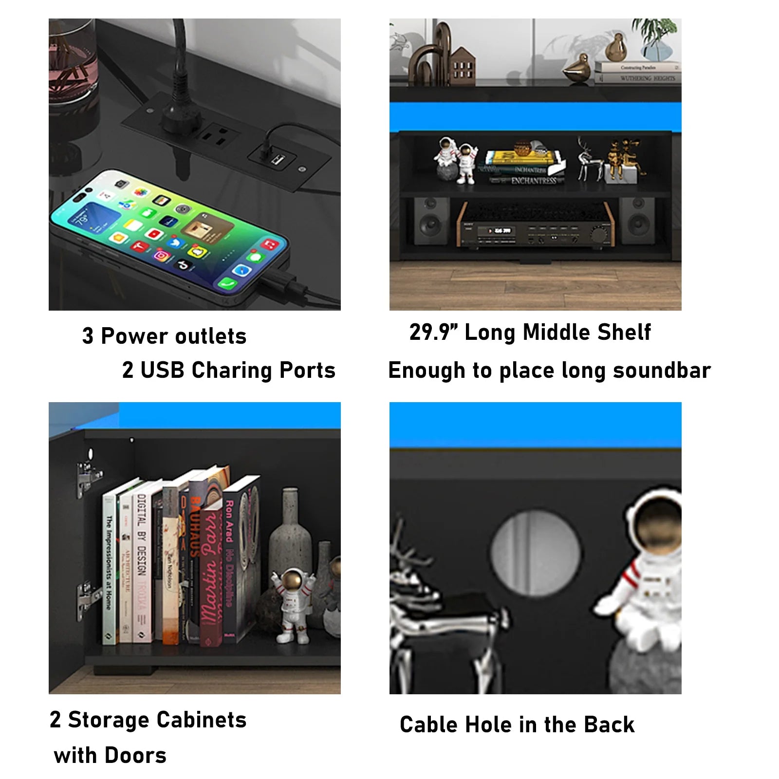 LED TV Stand for up to 85" Tvs with Power Outlet, 75" Large Entertainment Center Console Table Gaming Soundbar Shelf with 2 Storage Cabinets