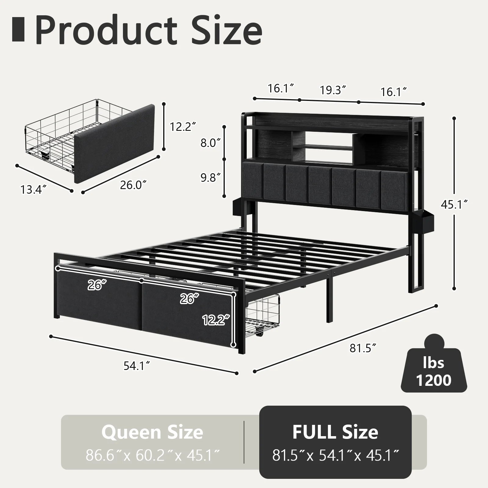 Full Size Bed Frame with 49.2" High LED Storage Headboard Shelf, Bed Metal Platform, Black