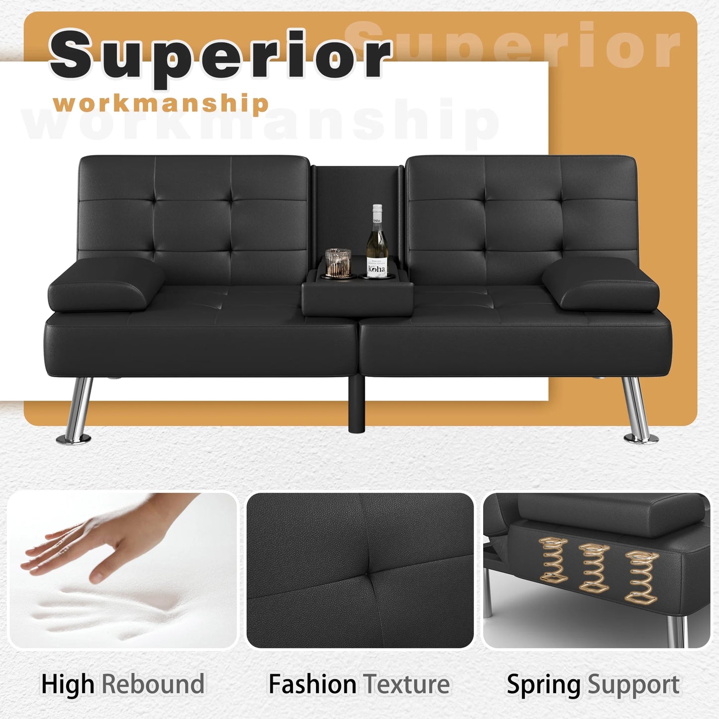 Futon Sofa Bed Faux Leather Couch Modern Convertible Folding Recliner with 2 Cup Holders