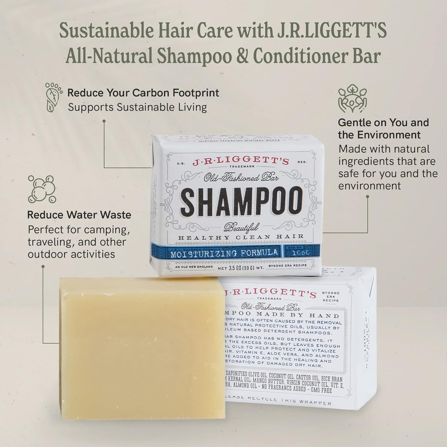 J.R.LIGGETT’S Shampoo and Conditioner Bar - Conditioner 1.75Oz + Two Moisturizing Formula Solid Shampoo Bar 3.5Oz - All-Natural Ingredients for Hair Clean, Soft, Tangle-Free, 3 Pack