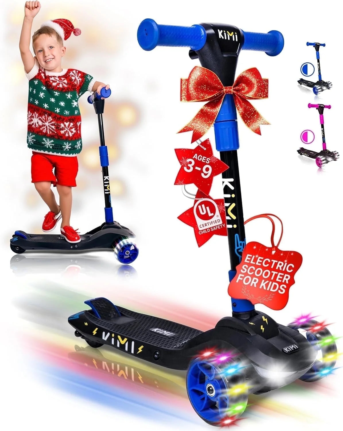 Foldable 3-Wheel Electric Scooter for Kids, Adjustable, Age 2-9, 5Mph, Lights, 10 Miles Range, Charger Included