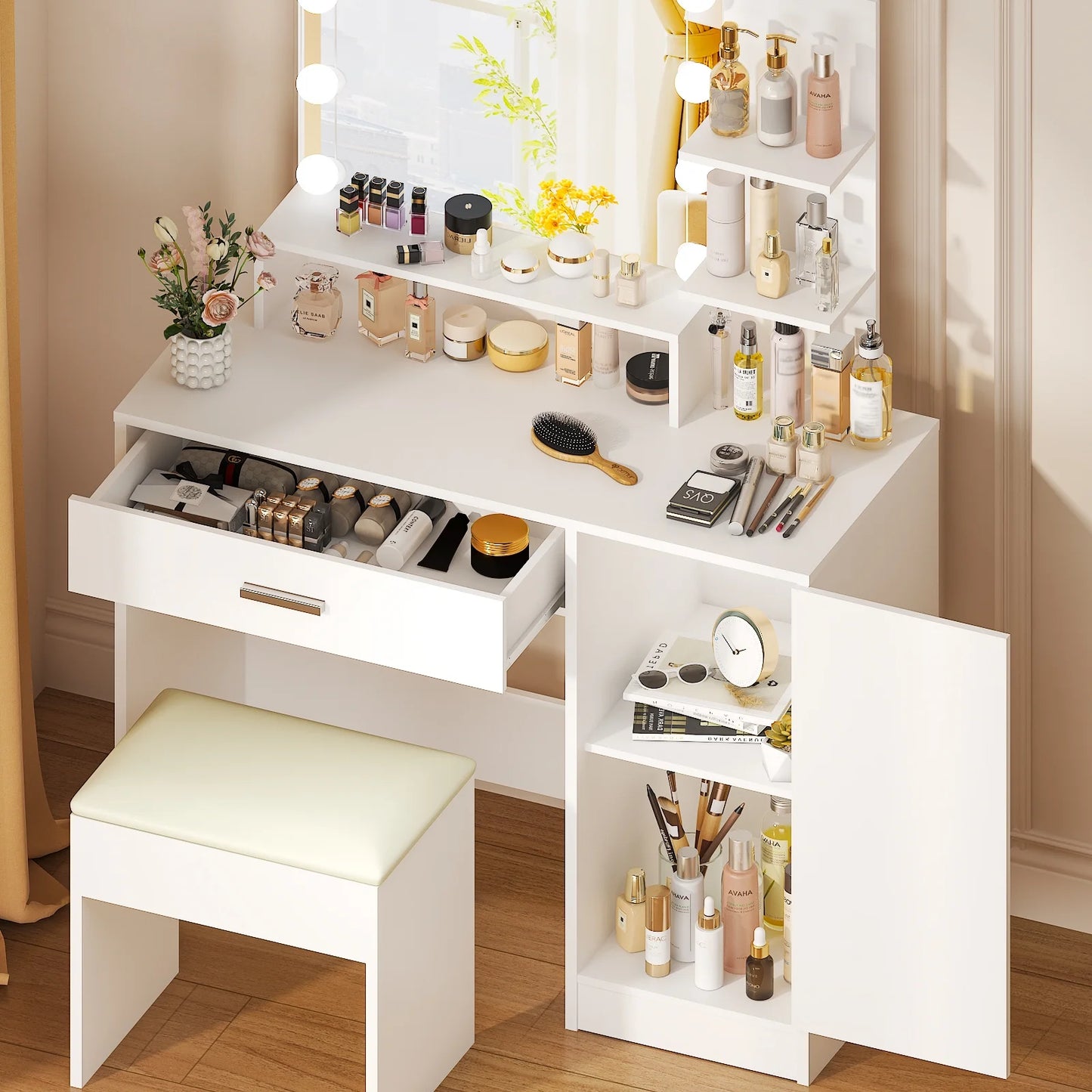 Vanity Set with 3 Color Lighted Mirror, Makeup Table with 3 Storage Shelves & Drawers, Dressing Table Makeup Desk with Stool,White