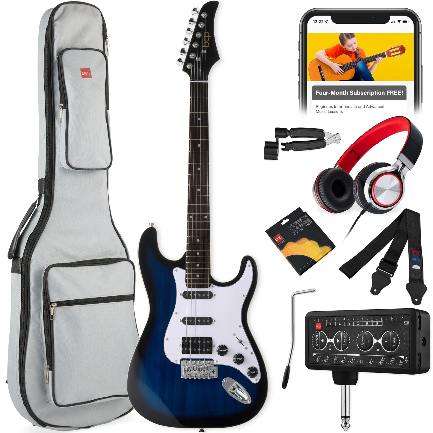 Beginner HSS Electric Guitar Kit W/ Headphone Amp, Gig-Bag, Headphones - Hollywood Blue/White