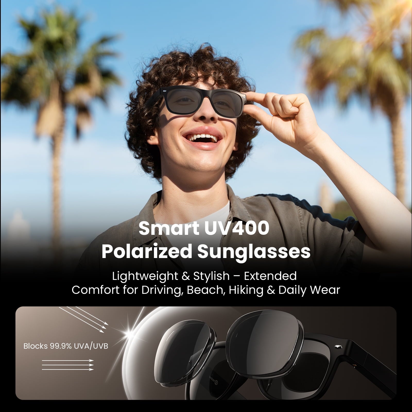 Weariq Bluetooth Smart Glasses – Matte Black Audio Sunglasses – Black Polarized Lenses, Open-Ear Speaker, 10-Hour Playtime, Hands-Free Calls, Voice Assistanthands-Free Calls & Music