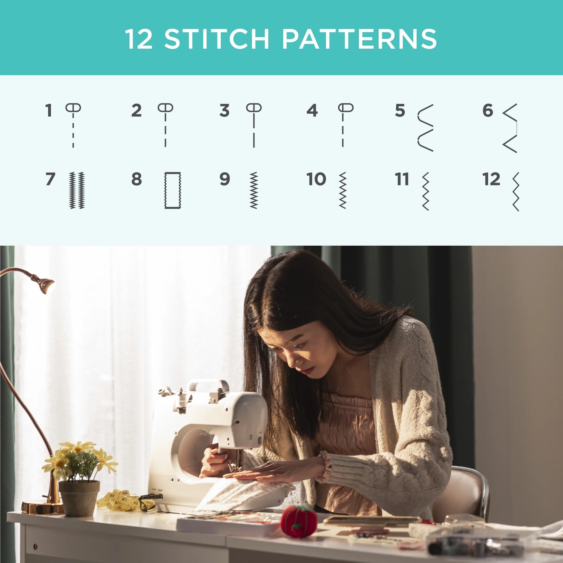 6V Portable Sewing Machine, 42-Piece Beginners Kit W/ 12 Stitch Patterns - Teal/White