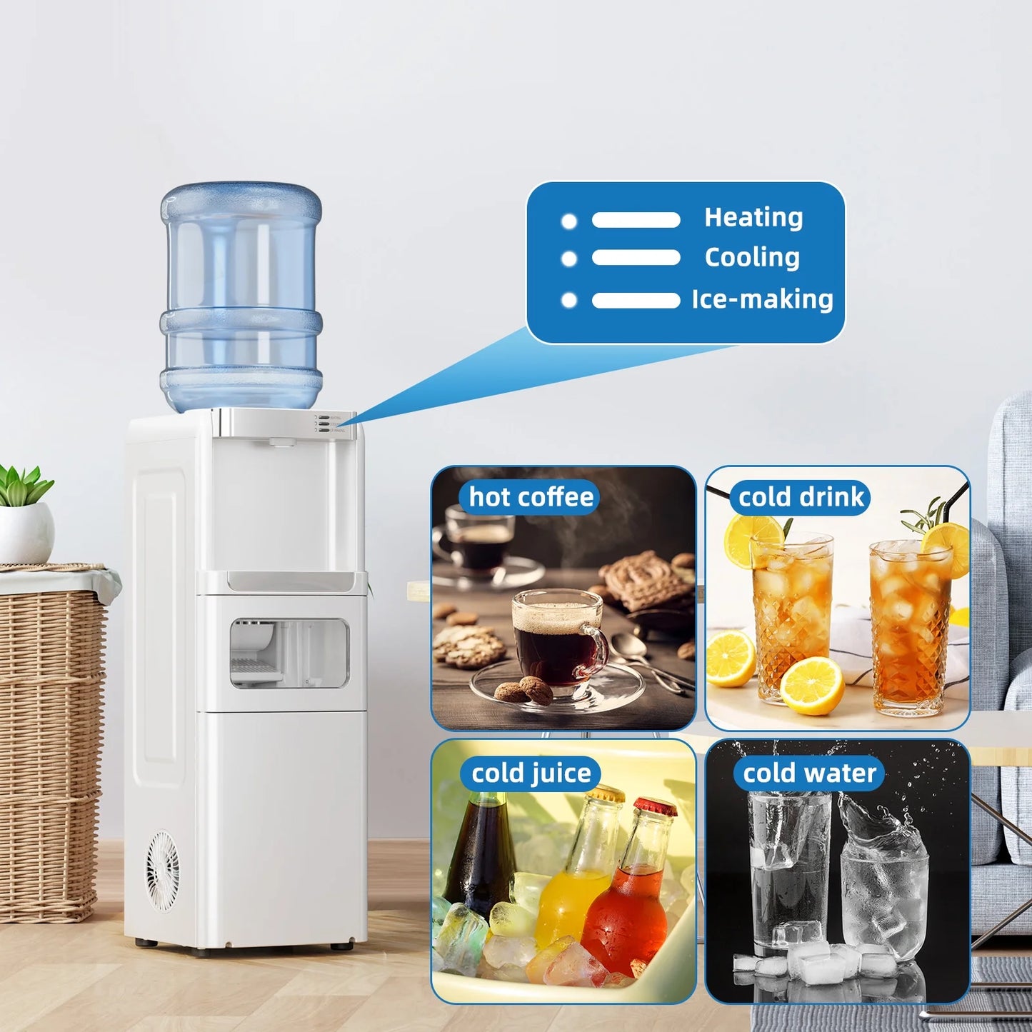 5 Gallon Water Dispenser with Ice Maker - 3-In-1 Hot/Cold Water Cooler, Touch Panel, Child Lock, Detachable Drip Tray, Compatible with 3 Gallon Jugs for Home & Office Use - White
