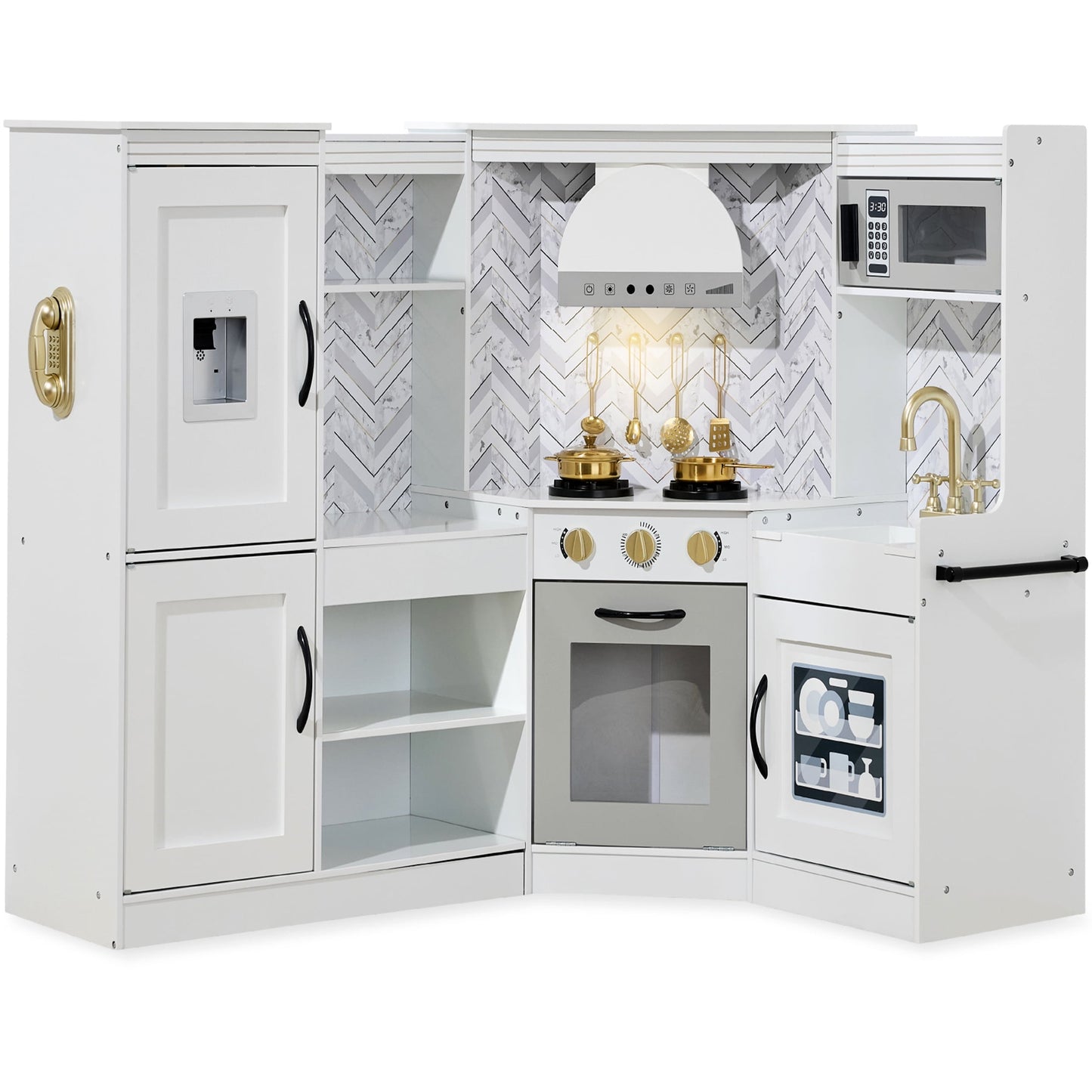 Pretend Play Corner Kitchen, Interactive Wooden Kids Set W/ Lights & Sounds - White