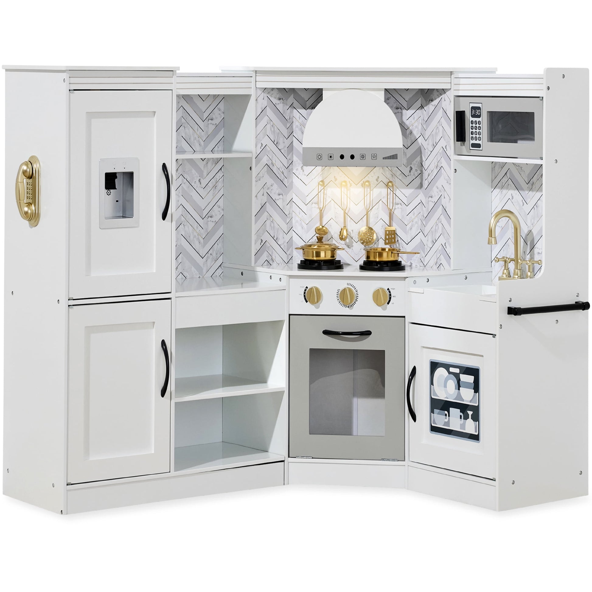 Pretend Play Corner Kitchen, Interactive Wooden Kids Set W/ Lights & Sounds - White