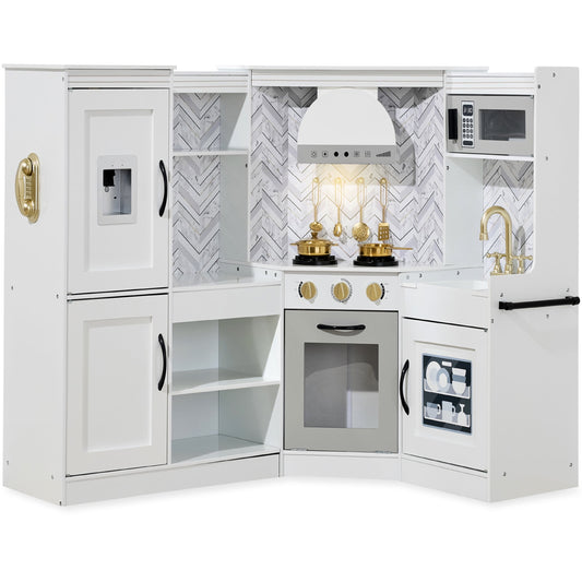 Pretend Play Corner Kitchen, Interactive Wooden Kids Set W/ Lights & Sounds - White