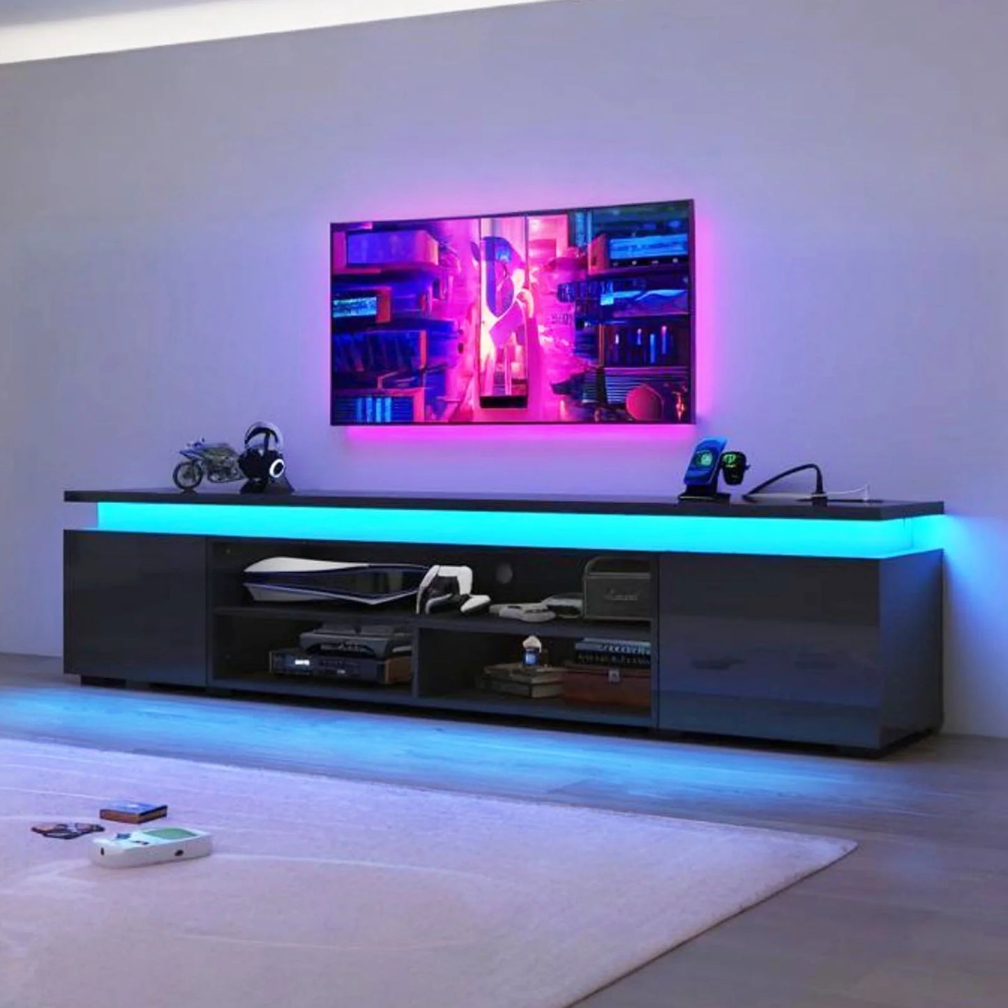 LED TV Stand for up to 85" Tvs with Power Outlet, 75" Large Entertainment Center Console Table Gaming Soundbar Shelf with 2 Storage Cabinets